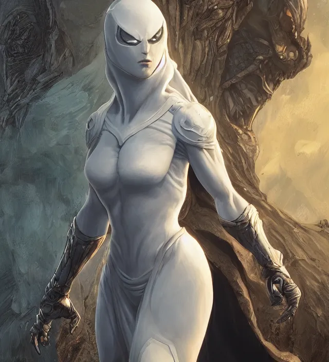 Image similar to female moon knight, hyper detailed, digital art, trending in artstation, cinematic lighting, studio quality, smooth render, unreal engine 5 rendered, octane rendered, art style by klimt and nixeu and ian sprigger and wlop and krenz cushart