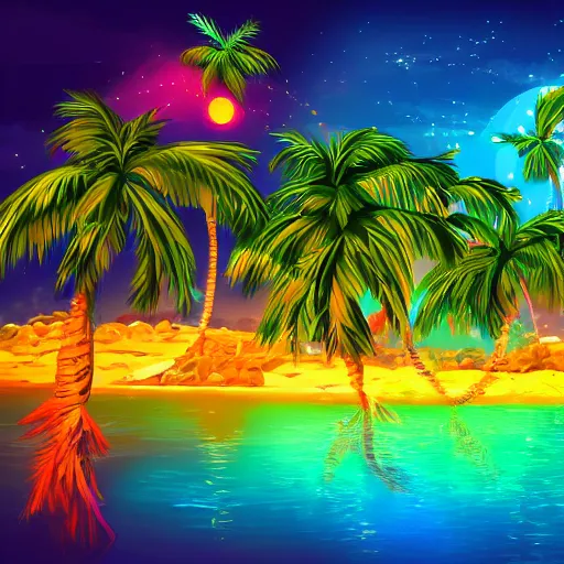 Prompt: bioluminescent colorful magical island world with palm trees and beach detailed airbrush painting 4 k