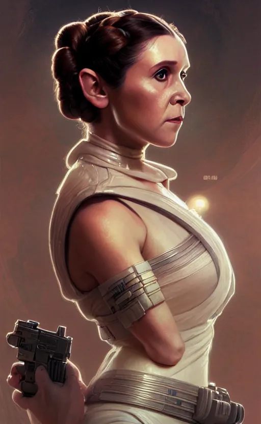 Image similar to portrait of princess leia, starwars, pistol, upper body, fantasy, intricate, elegant, highly detailed, digital painting, artstation, concept art, smooth, sharp focus, illustration, art by artgerm and greg rutkowski and alphonse mucha