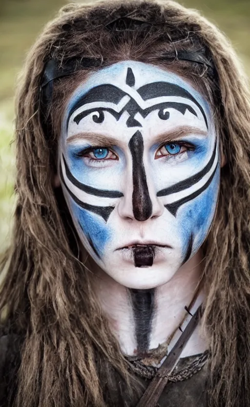 Image similar to photorealistic portrait of female viking warrior in tribal face paint, bloody nose, blue eyes, porcelain skin, black hair, determined