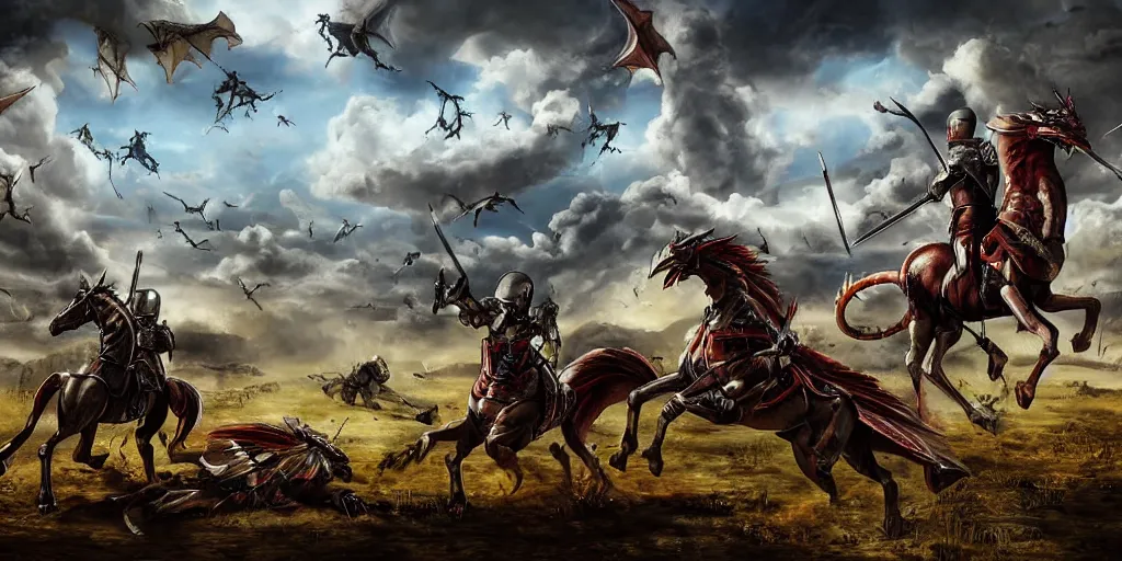 Image similar to detailed digital painting of a battle scene, mounted knights fighting against a dragon from the computer game master of magic ( 1 9 9 4 ), cinematic shot, very detailed, unreal engine, hyper realism, realistic shading, cinematic composition, blender render, octane render, hdr, detailed textures, photorealistic, very wide shot, 1 6 mm lens