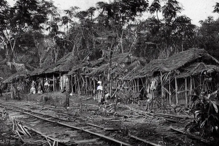 Prompt: a 1 9 0 5 colonial photograph of a african metrostation in a village at the river bank of congo, thick jungle, scary, evil looking, wide angle shot