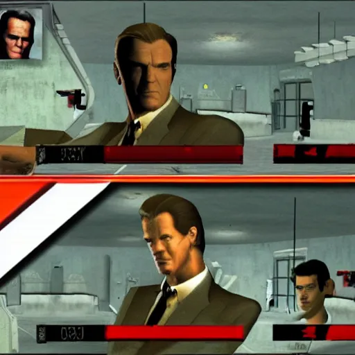 Prompt: goldeneye 0 0 7 n 6 4 all bonds mode 4 player deathmatch split screen screenshot with sean connery, roger moore, timothy dalton, and pierce brosnan