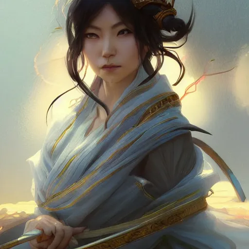 Image similar to Japanese lightning goddess, D&D, highly detailed, digital painting, artstation, concept art, sharp focus, illustration, cinematic lighting, art by artgerm and greg rutkowski and alphonse mucha