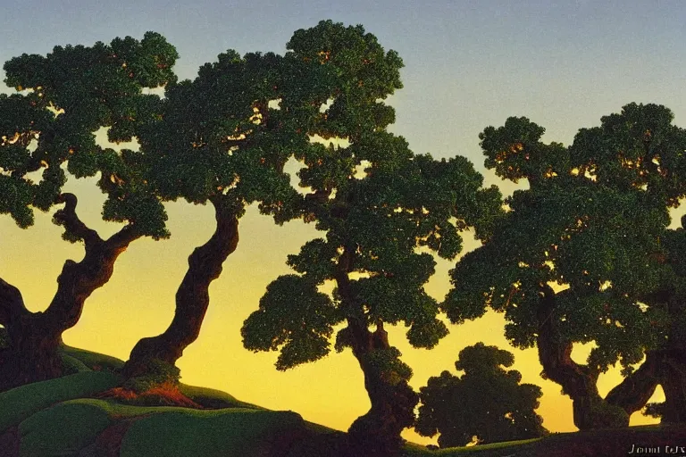 Prompt: masterpiece painting of oak trees along the ridge at dawn, by a. j. casson and john watkiss and edward okun and dan munford and maxfield parrish and wayne thiebaud