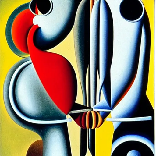 Image similar to Oil painting by Oskar Schlemmer. Two mechanical gods kissing. Dali.