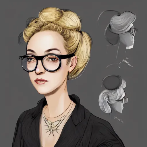 Image similar to middle aged beautiful french woman with blonde hair tied in a strict bun, spectacles, lots of makeup, arrogant, rich, expensive voluminous dress, character portrait, digital art, high quality, 8 k, detailed, d & d character,