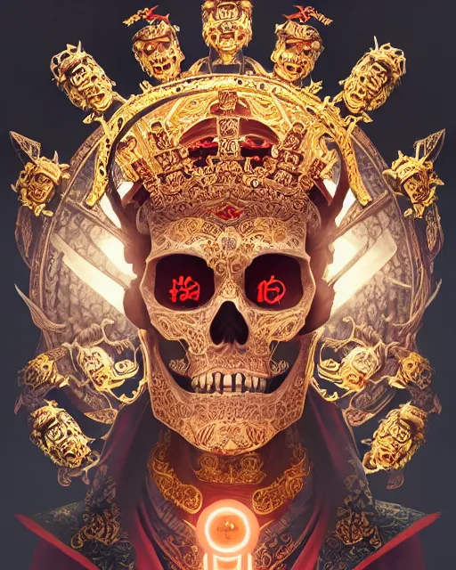 Prompt: portrait of skeleton emperor, glowing demonic energy crown, upper half portrait, decorated with chinese opera motifs, asian, bian lian, traditional chinese art, intricate, elegant, highly detailed, symmetry, digital painting, artstation, concept art, smooth, sharp focus, illustration, art by artgerm and greg rutkowski and alphonse mucha, 8 k