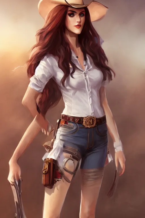 Image similar to full body, katherine mcnamara cowgirl, perfect face, white blouse, holster, 8 k, magic the gathering, desert, d & d, artstation, high detail, smooth, sweaty character concepts by senior concept artist