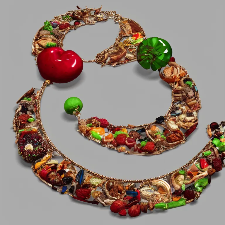 Image similar to food necklace, food jewelry, detailed, high quality, 8 k resolution, trending on artstation