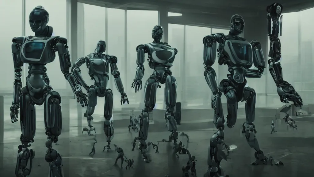 Prompt: robots debating AI ethics, movie still, cinematic composition, cinematic light, criterion collection, re imagined by industrial light and magic, Movie by Andrzej Żuławski