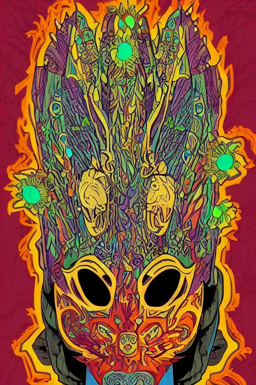 Image similar to animal mask totem roots flower tribal feather gemstone plant wood rock shaman vodoo video game vector cutout illustration vivid multicolor borderlands comics by josan gonzales and dan mumford radiating a glowing aura