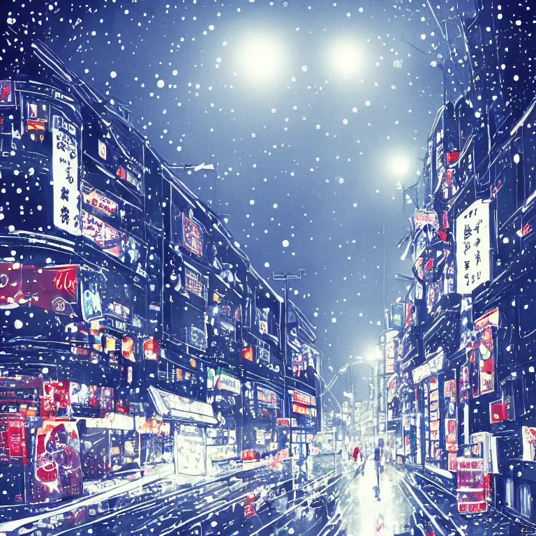 Prompt: beautiful and detailed illustration of tokyo with many lights and lens flares, snowy winter christmas night