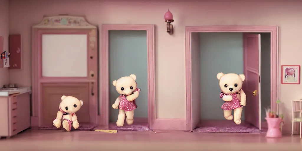 Prompt: lab to create a cute teddy bear walking out of the door of a doll house inside a girl's room, natural lighting, playful color scheme, intricate details, matte painting, illustration, by hayao miyazaki