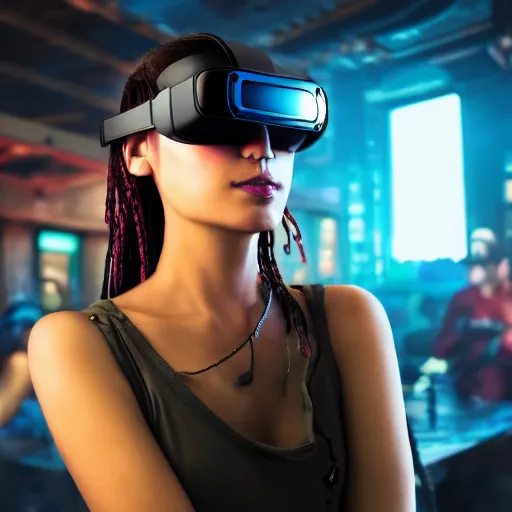 Image similar to a high quality portrait of a beautiful stunning pirate in a cyberpunk cyberpunk cyberpunk cafe wearing a VR visor, realism, 8k, award winning photo