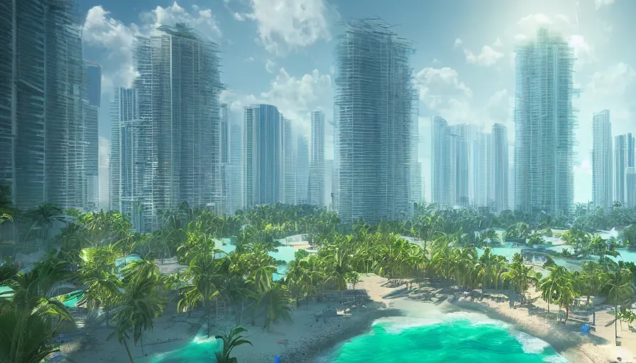 Prompt: futuristic miami with crowded beach and humongous glass buildings with green balconies, view from a boat, volumetric light, hyperdetailed, artstation, cgsociety, 8 k