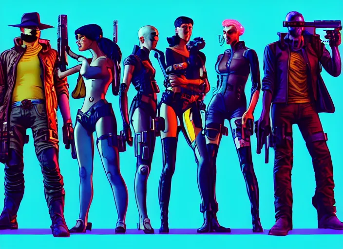 Image similar to cyberpunk gun slingers. portrait by stonehouse and mœbius and will eisner and gil elvgren and pixar. character design. realistic proportions. cyberpunk 2 0 7 7 character art, blade runner 2 0 4 9 concept art. cel shading. attractive face. thick lines. the team. diverse characters. artstationhq.