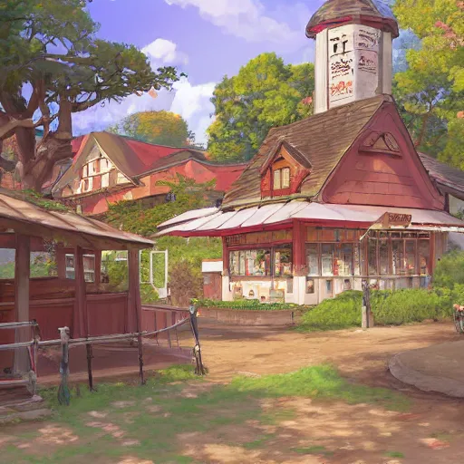 Image similar to concept art painting of a historic bakery with european and japanese architecture, in a woodland village surrounded by trees, inspired by kiki's delivery service, realistic, detailed, cel shaded, in the style of makoto shinkai and greg rutkowski and james gurney