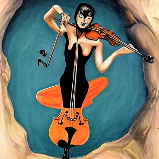 Image similar to incredible masterful painting of a spider woman ( female torso, spider legs ) in a cave upside down playing a violin, scary