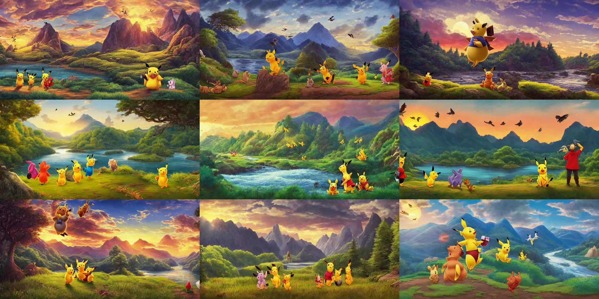 Prompt: A majestic landscape featuring a river, mountains and a forest. A group of birds is flying in the sky. There is an pikachu with a hedgehog standing next to him. The pikachu is wearing a backpack and drinking a beer. They are both staring at the sunset. Cinematic, very beautiful, painting in the style of Winnie the pooh