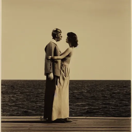 Image similar to A beautiful photograph of a man and a woman are standing on a dock, looking out at a body of water. The woman has her hand on the man's shoulder, and they appear to be deep in conversation. The colors in the photograph are muted, and the scene has a calming feeling. quartz by Ludwig Mies van der Rohe detailed, lines