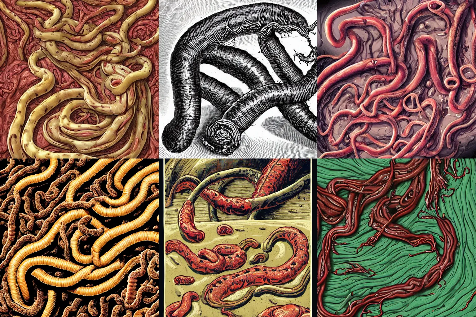 Prompt: a picture of a gory abomination without shape or form, composed of many animals of this world, yet unrecognizable, twitching and writhing, intestine-like smooth and shiny worms are coming out of the central mass, slithering towards the camera, body horror, blood oozing from every body crevice, ultra-detailed, photography