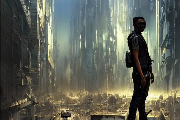 Prompt: A cyberpunk very highly detailed camera man with black skin, short hair cut, tiny thin mustache, thin face, with very highly detailed face on the street of a very highly detailed smooth cyberpunk city digital concept art by Greg Rutkowski, neofuturistic highly detailed, digital concept art, Dimensional cyan gold natural light, sharp focus, Golden Ratio illustration, realistic concept art by Stephen Hickman and James Gurney and Hiromasa Ogura Ghost in the Shell rendered in Octane Render, From the distance