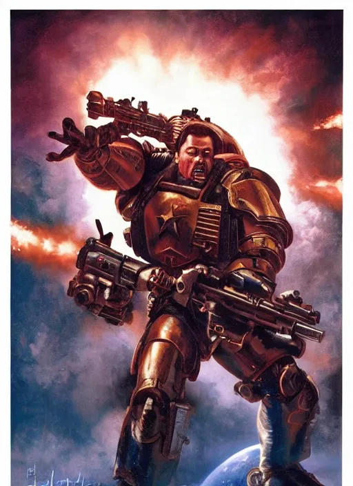 Image similar to a movie poster with a space marine holding a big gun, poster art by drew struzan, cgsociety, retrofuturism, reimagined by industrial light and magic, poster art, movie poster, dramatic atmosphere