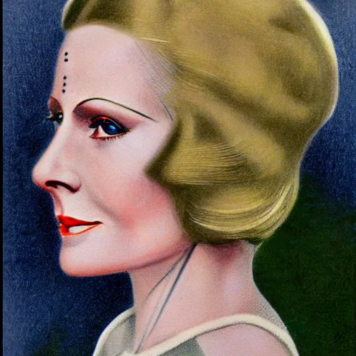 Image similar to a 1 9 2 0 s ultra - realistic color portrait. happy, healthy, beautiful, smiling, young, sporty, blonde, blue - eyed symmetric greta garbo in decent athletic wear. hyper - realistic detailed drawing