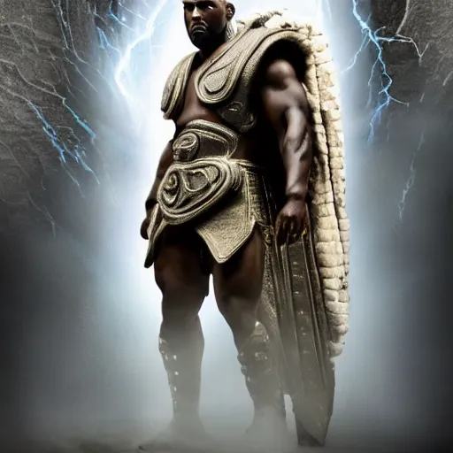 Image similar to kanye west as zeus!!!, god of thunder, greek god, white robe, thunderbolt, in mortal kombat, gears of war, mythology, fantasy, detailed face, splash art, movie still, cinematic lighting, dramatic, octane render, long lens, shallow depth of field, bokeh, anamorphic lens flare, 8 k, hyper detailed, 3 5 mm film grain