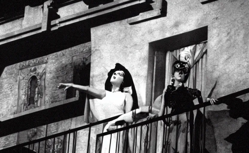 Image similar to lady gaga as Evita singing on the balcony in Evita 1996