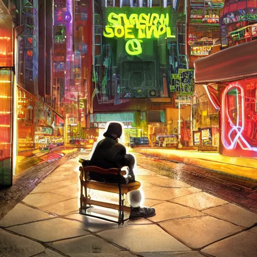 Image similar to beautiful hyperdetailed digital painting of a snowman sitting on a bench outside a futuristic neon cyberpunk ice cream store, cyberpunk city in background, night time, stunning lighting, dreamy, global illumination, octane render, trending on artstation, unreal engine 5, 4 k