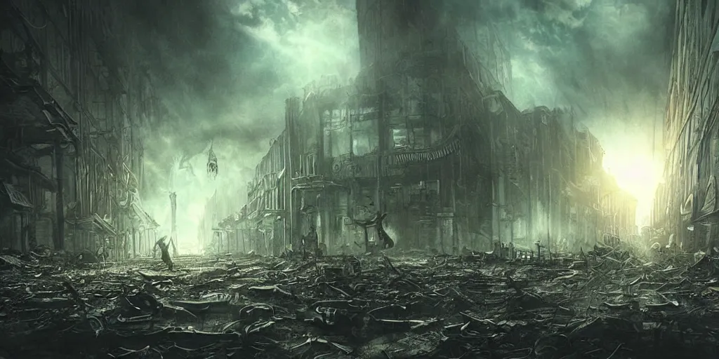 Prompt: cthulhu destroying a post apocalyptic city, dark, trending on artstation, digital art, fog, sun flare, rain