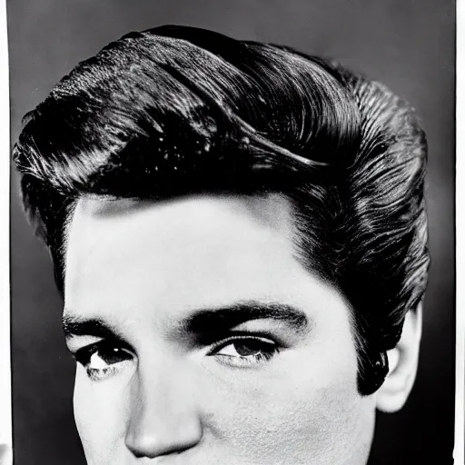 Prompt: a man who is a genetic combination of elvis presley and andy warhol, face and upper - body focus, detailed eyes, photograph taken in 1 9 5 5, award winning photograph