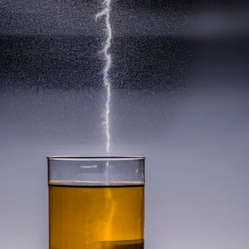 Prompt: medium - wide shot. rainbow captured and put in a glass jar of water behind held by a mad scientist. oak ridge national laboratory. professional. high quality. iso 2 0 0, f / 2. 8, 3 5 mm. hyper detailed. dramatic lighting.