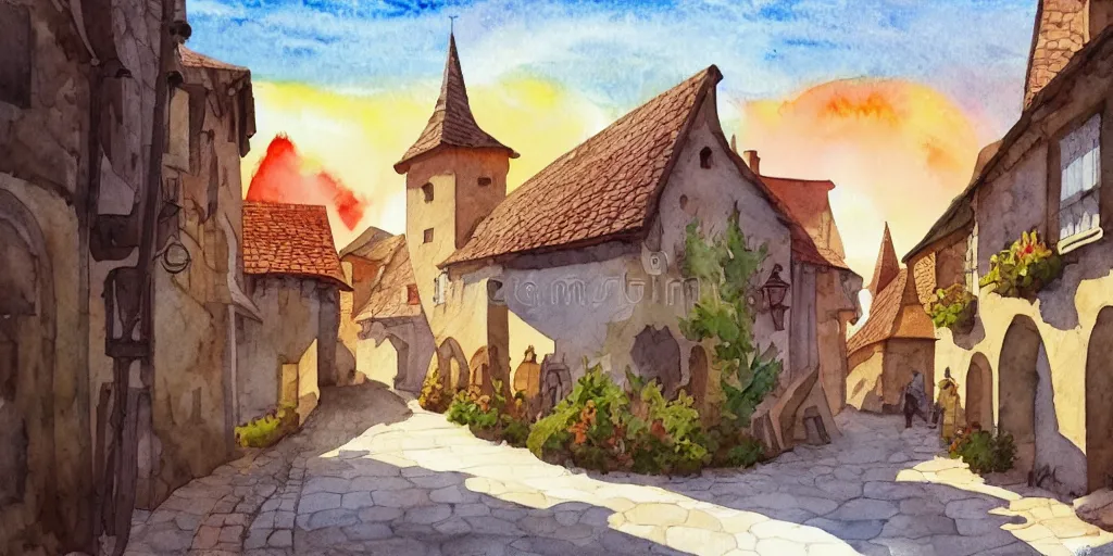 Image similar to medieval town, summer morning light, masterpiece watercolor painting, clean svg vector illustration, trending on artstation