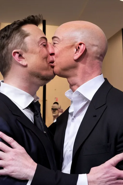 Prompt: elon musk kissing jeff bezos