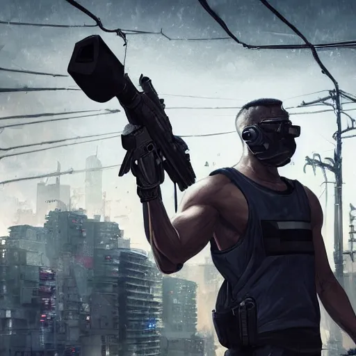 Image similar to A broad shouldered, muscular man wearing Acronym p-31 Ds pants and Sleeveless shirt and Nike Acronym presto sneakers, rooftop, sniper rifle stationed in background, Police sirens shining in far background, high quality, digital art, dirty cyberpunk city, rain, greg rutkowski