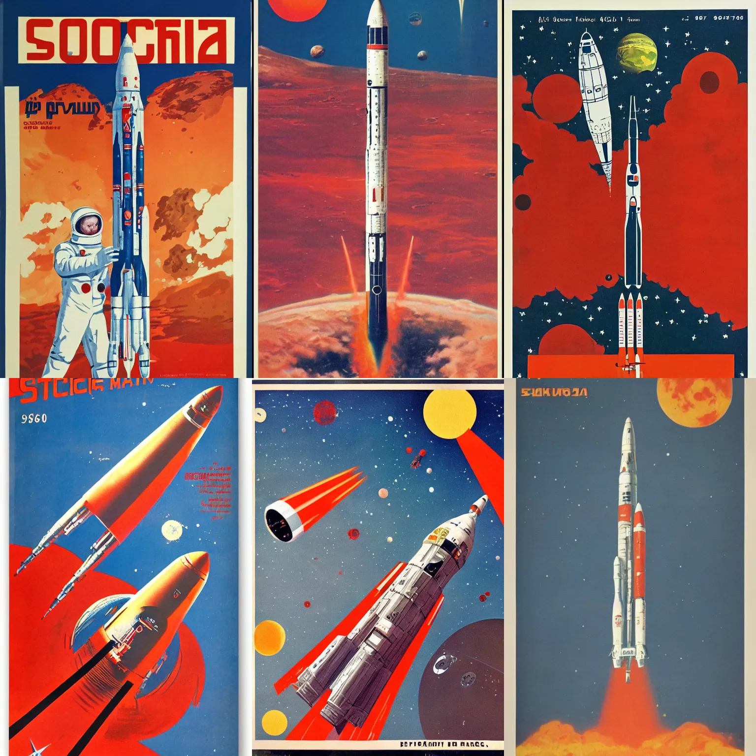 Prompt: Soviet Space craft launching for mars, 60s poster, 1962 Soviet