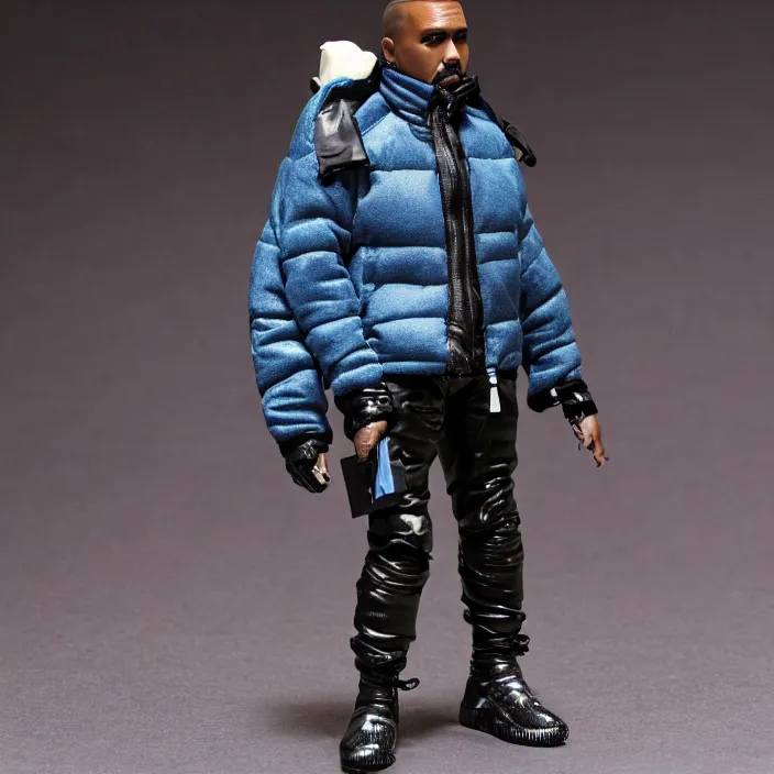 Image similar to a action figure of kanye west using a full face covering black mask, a small, tight, undersized reflective bright blue round puffer jacket made of nylon and big black balenciaga rubber boots, figurine, detailed product photo