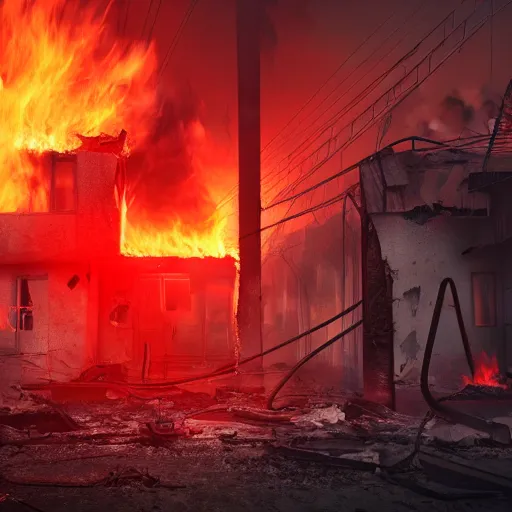 Image similar to the strenght of a horrifying fire in a destroyed dystopian city in neon red colors, very hyperrealistic picture, 4k