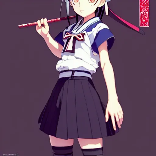 Image similar to a beautiful! boyish! natalie portman model, wearing japanese catholic school girl outfit with mayan pattern and native style, aztec street fashion, guilty gear art direction, perfect anime face, gapmoe yandere grimdark, trending on pixiv fanbox, painted by greg rutkowski makoto shinkai takashi takeuchi studio ghibli, akihiko yoshida