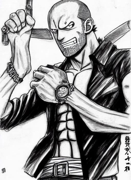 Image similar to jason statham as character in one piece manga, sketch by eiichiro oda