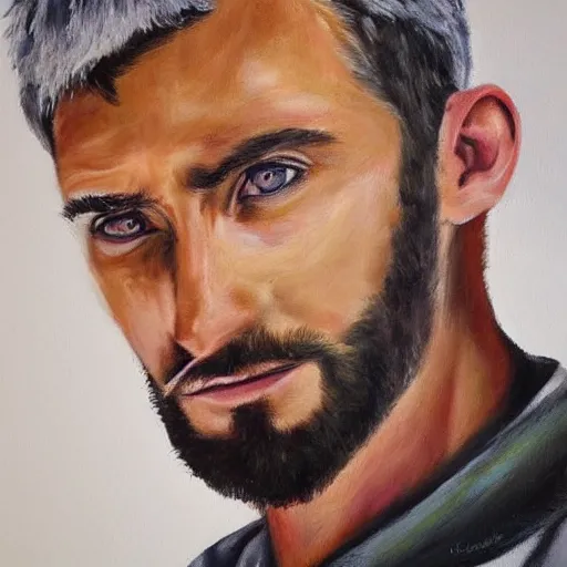 Prompt: realistic painting of man that look you in confuse eye