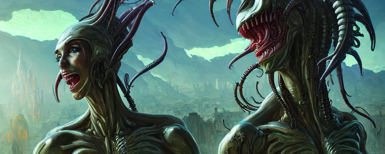 Prompt: beautiful xenomorph - infected ancient elf, slime - wrapped elven city in the background, highly detailed, digital painting, artstation, sharp focus, illustration, cinematic, art by tan zi and ayanamikodon and alphonse mucha and wlop