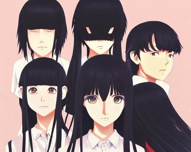 Image similar to beautiful anime girl with long black hair and bangs, beautiful anime guy with black hair, wearing black clothes, siblings, fine details portrait, japense village in background, bokeh. anime masterpiece by Studio Ghibli. illustration, sharp high-quality anime illustration in style of Ghibli, Ilya Kuvshinov, Artgerm