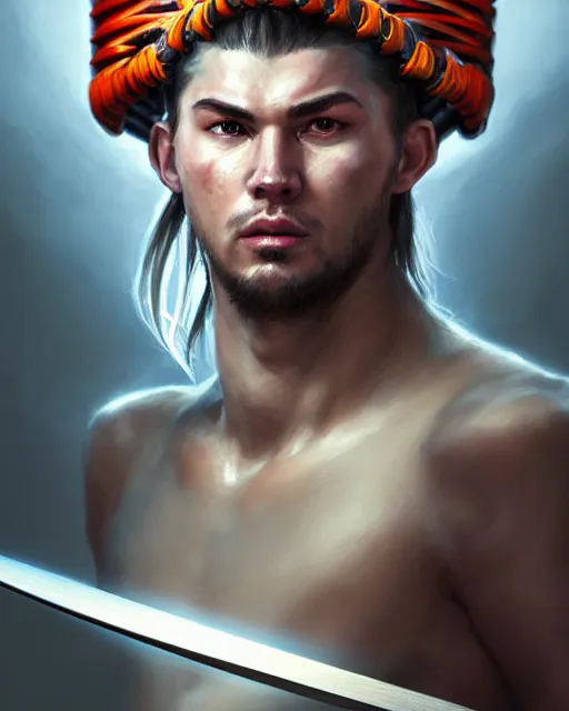 Image similar to face portrait of luka doncic as a muscular ronin samurai, wearing a haori, by wlop and peter mohrbacher, dramatic action pose, extremely detailed shading, concept art, digital painting, trending on artstation, unreal engine 5, octane render, atmosphere, glow, cinematic lighting, full of color