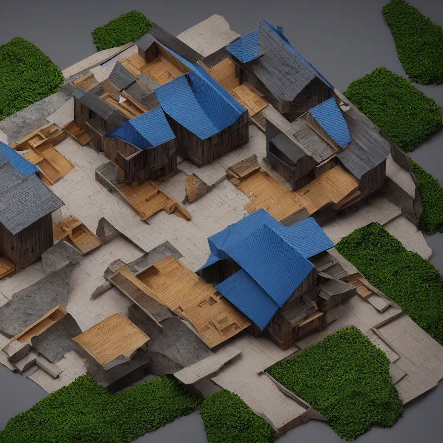 Prompt: architectural model, isometric view, 3 d render, studio lighting, wood and paper, low contrast, dark background, highly detailed, house, courtyard, tree, blue