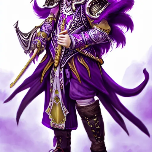 Image similar to A Bard with white horns and purple skin, smiling, epic fantasy game portrait, hyper detailed, hyper realistic