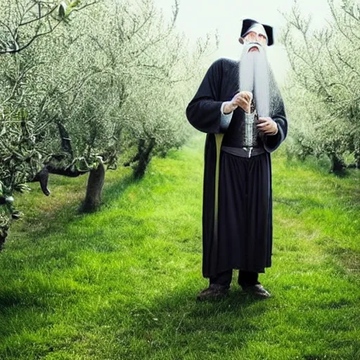 Image similar to beautiful professional photograph of a wizard with a very long white beard, brewing brewing!!!, potions!!!, elixirs, potions!!! potions, in an apple orchard